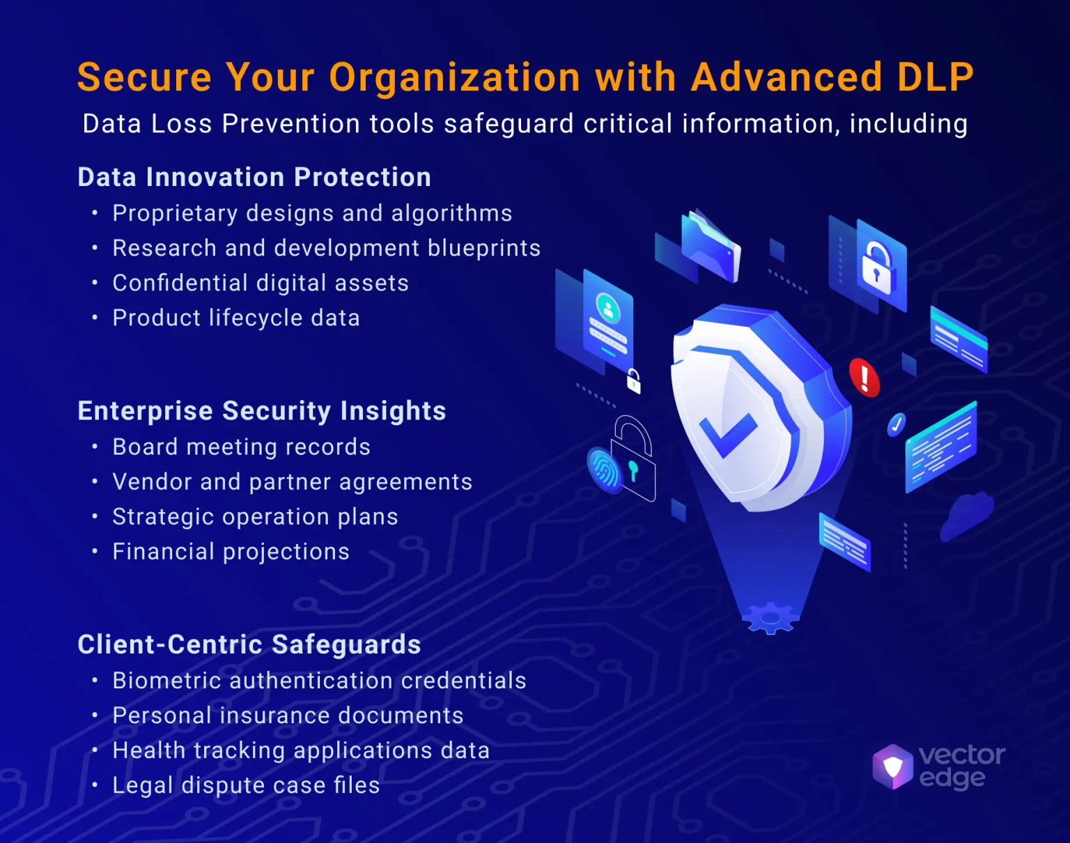Secure Your Organization with Advanced DLP: Protect Innovation, Operations, and Trust Infographic highlighting how Advanced DLP protects data innovation, enterprise security, and client trust, with examples like proprietary designs, financial projections, and legal case files.